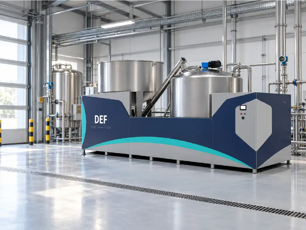AUS32 production plant with stainless steel tanks in a modern industrial facility